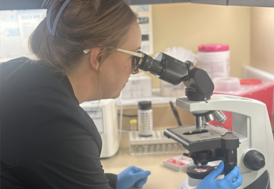 Reeva looking through a microscope in a clinical laboratory setting.