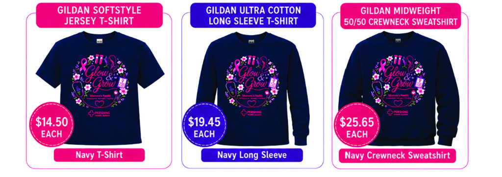 Three navy Glow & Grow apparel options are displayed for the Pershing Health System Women's Health event. From left to right: a Gildan Softstyle Jersey T-shirt priced at $14.50, a Gildan Ultra Cotton Long Sleeve T-shirt priced at $19.45, and a Gildan Midweight 50/50 Crewneck Sweatshirt priced at $25.65. Each features the colorful Glow & Grow design with a pink ribbon, flowers, stethoscope, and women's health-themed artwork.