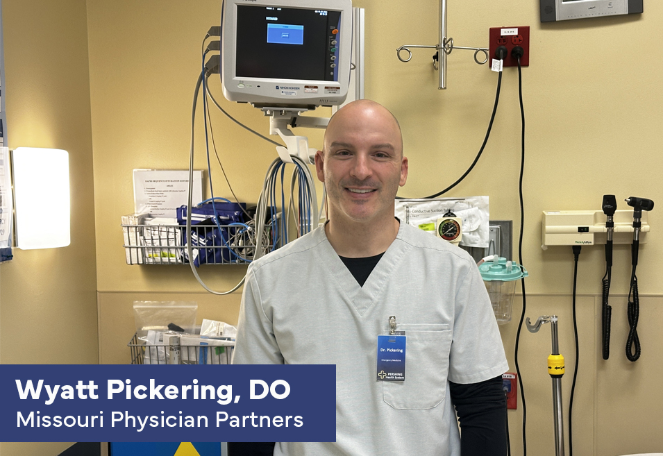 Wyatt Pickering, DO, with Missouri Physician Partners, standing in a clinical examination room.