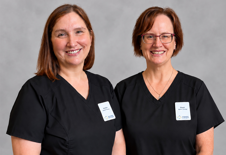 Jessica Elliott, MS, CCC-SLP (left), and Diane Sportsman, MA, CCC-SLP (right), speech-language pathologists at Pershing Health System in Brookfield, Missouri.